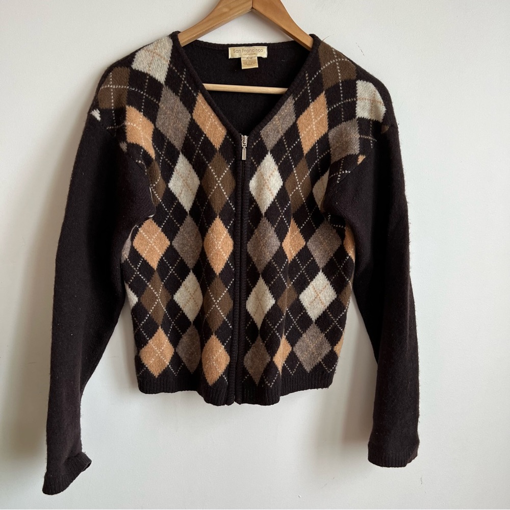 Vintage Wool Diamond Print Cardigan Zip Up Size M - Picture 1 of 5